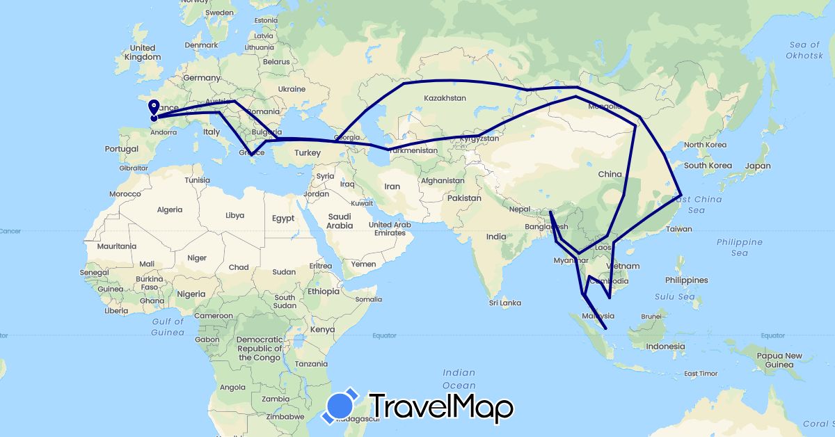 TravelMap itinerary: driving in Azerbaijan, Bhutan, China, France, Greece, Hungary, Kazakhstan, Myanmar (Burma), Slovenia, Thailand, Vietnam (Asia, Europe)